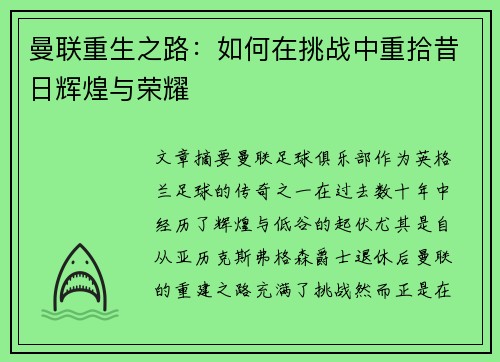 曼联重生之路：如何在挑战中重拾昔日辉煌与荣耀